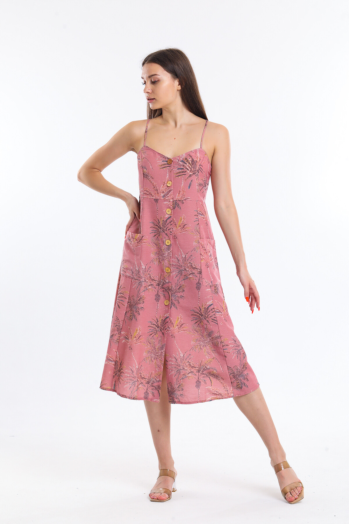 Önü Düğmeli Askılı Cepli Çiçek Desenli Elbise