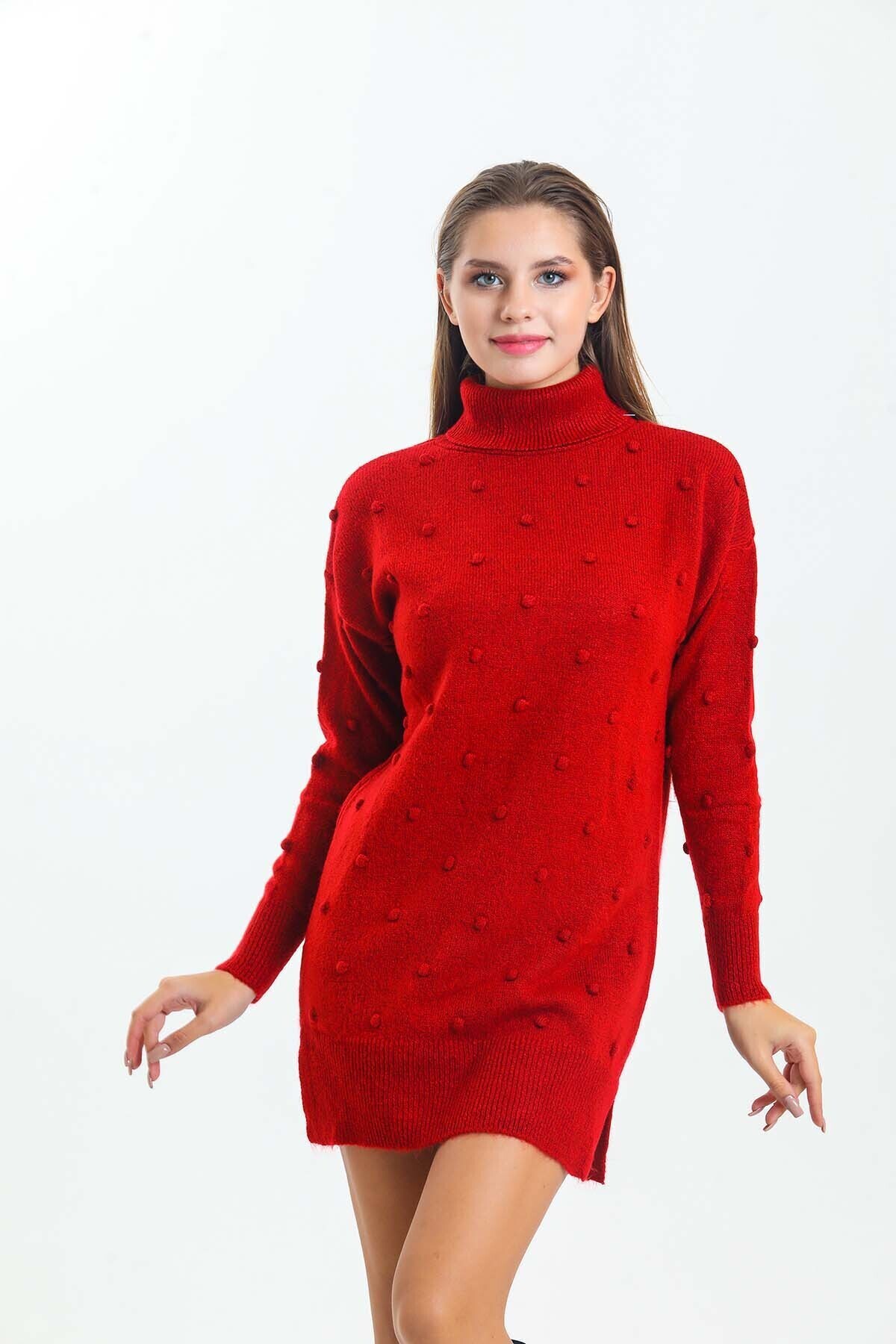 Önü ve Kolları Ponponlu Balıkçı Yaka Triko Elbise