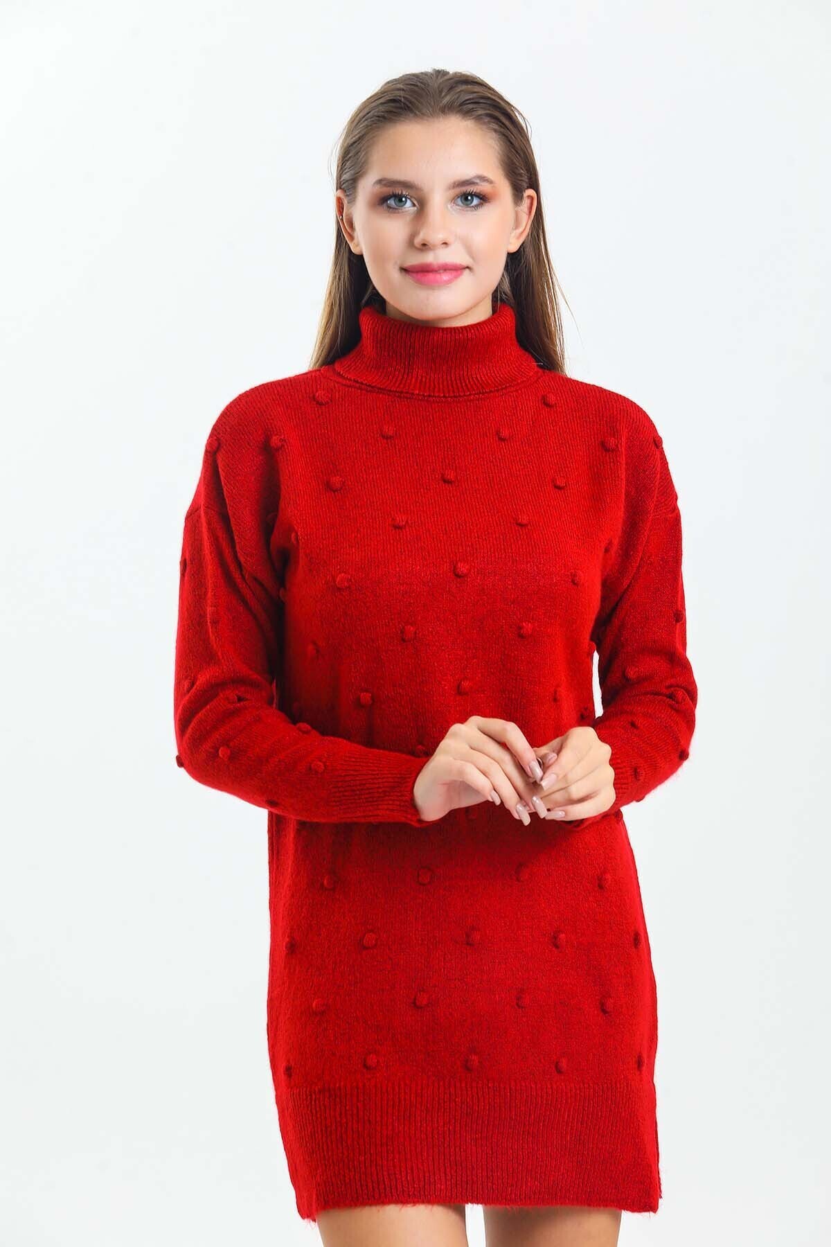 Önü ve Kolları Ponponlu Balıkçı Yaka Triko Elbise