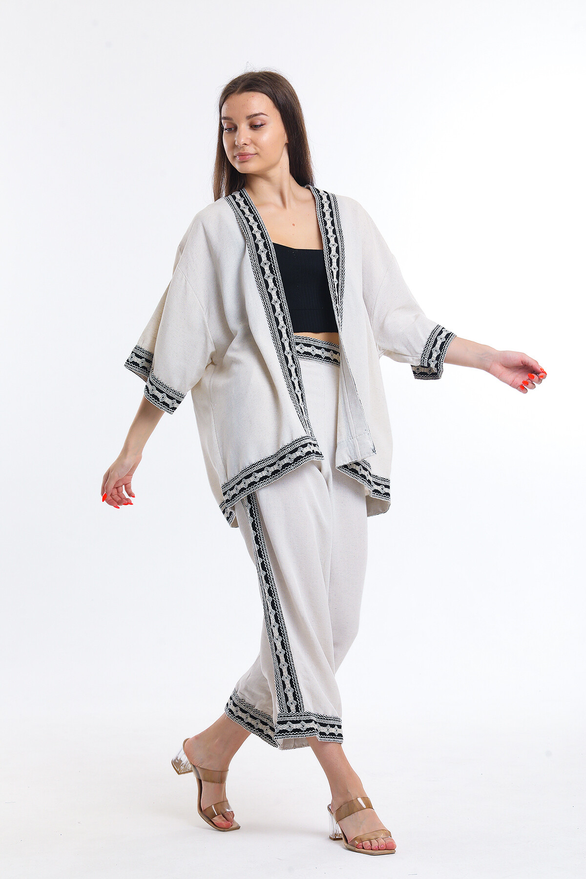 Şerit Detaylı Keten Kimona Takım