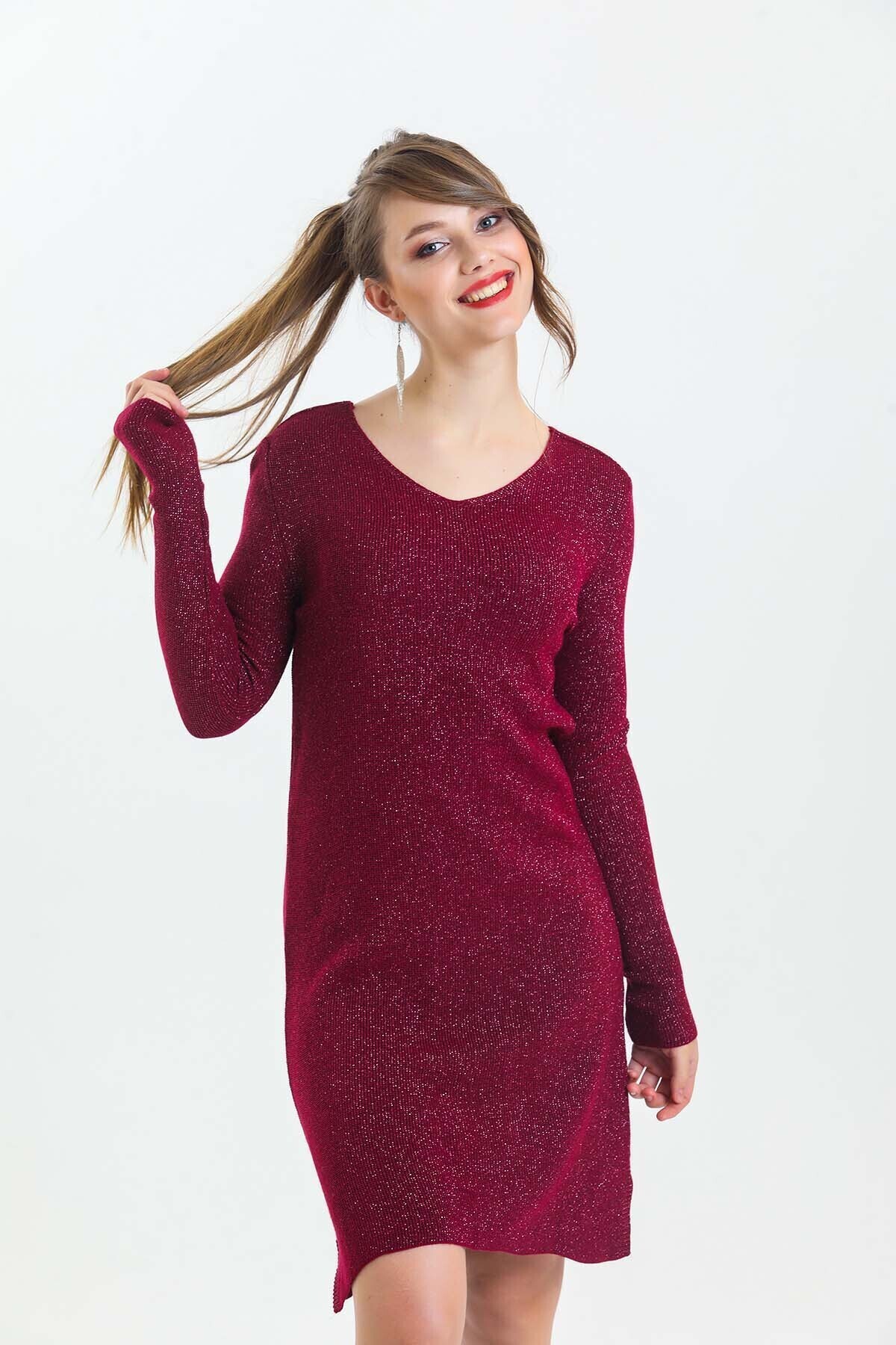 V Yaka Uzun Kol Simli Triko Elbise