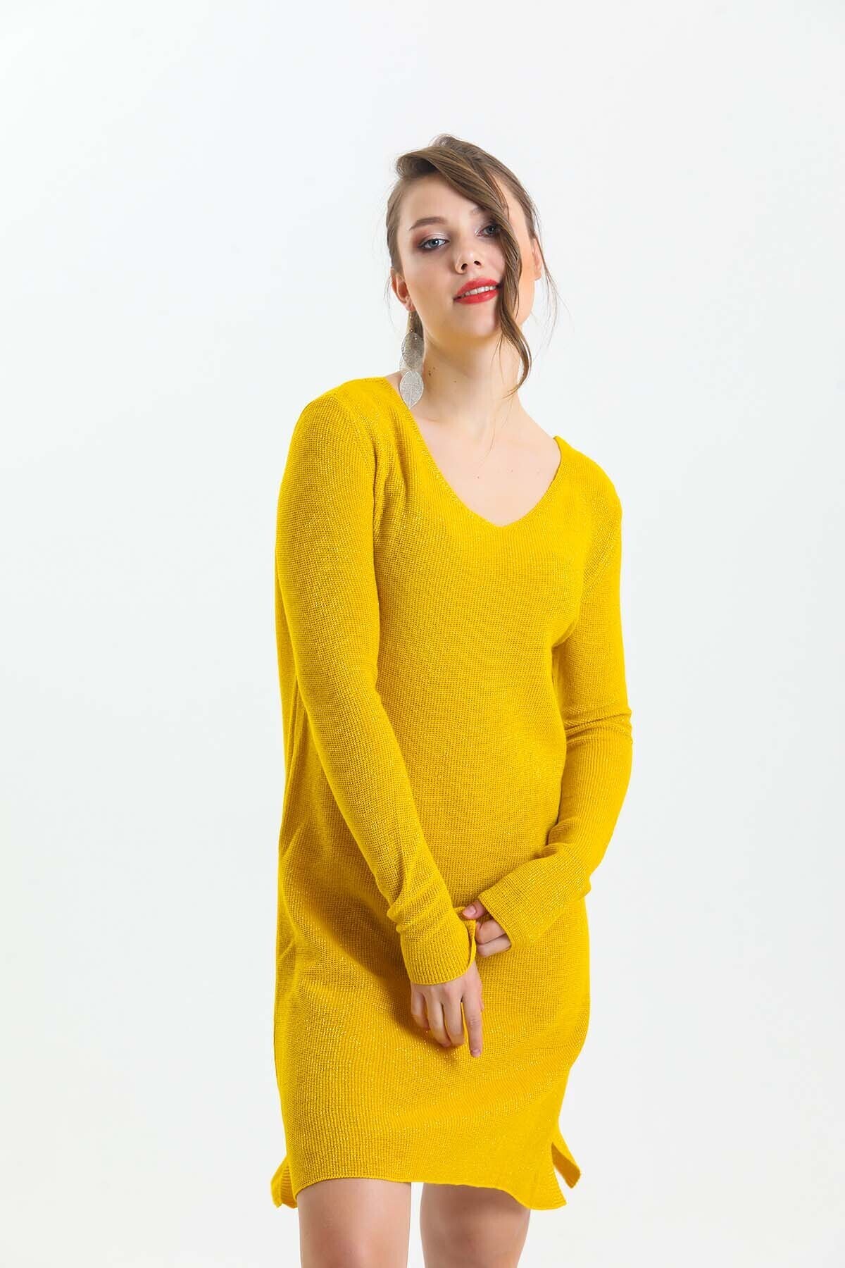 V Yaka Uzun Kol Simli Triko Elbise