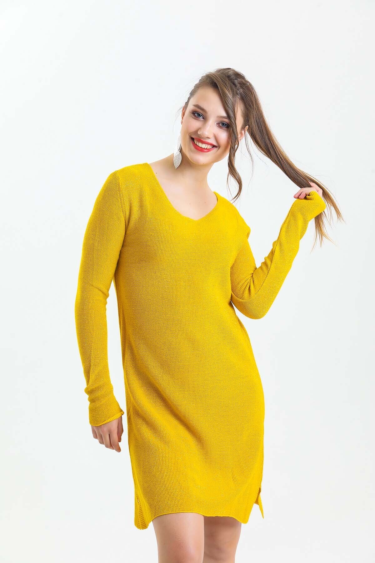 V Yaka Uzun Kol Simli Triko Elbise