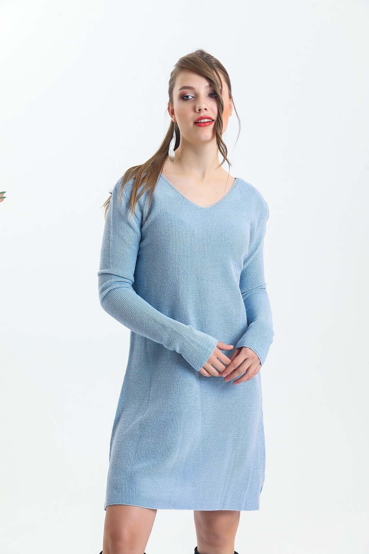 V Yaka Uzun Kol Simli Triko Elbise