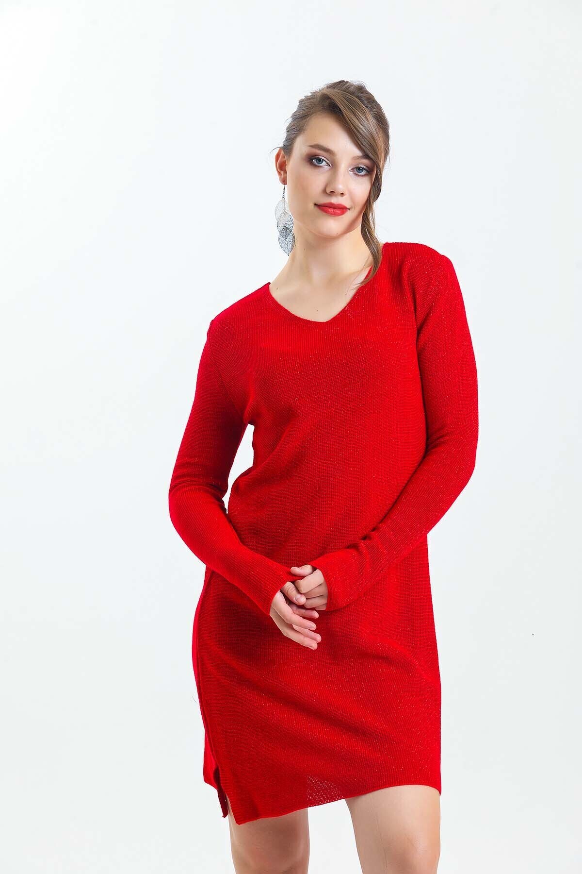 V Yaka Uzun Kol Simli Triko Elbise