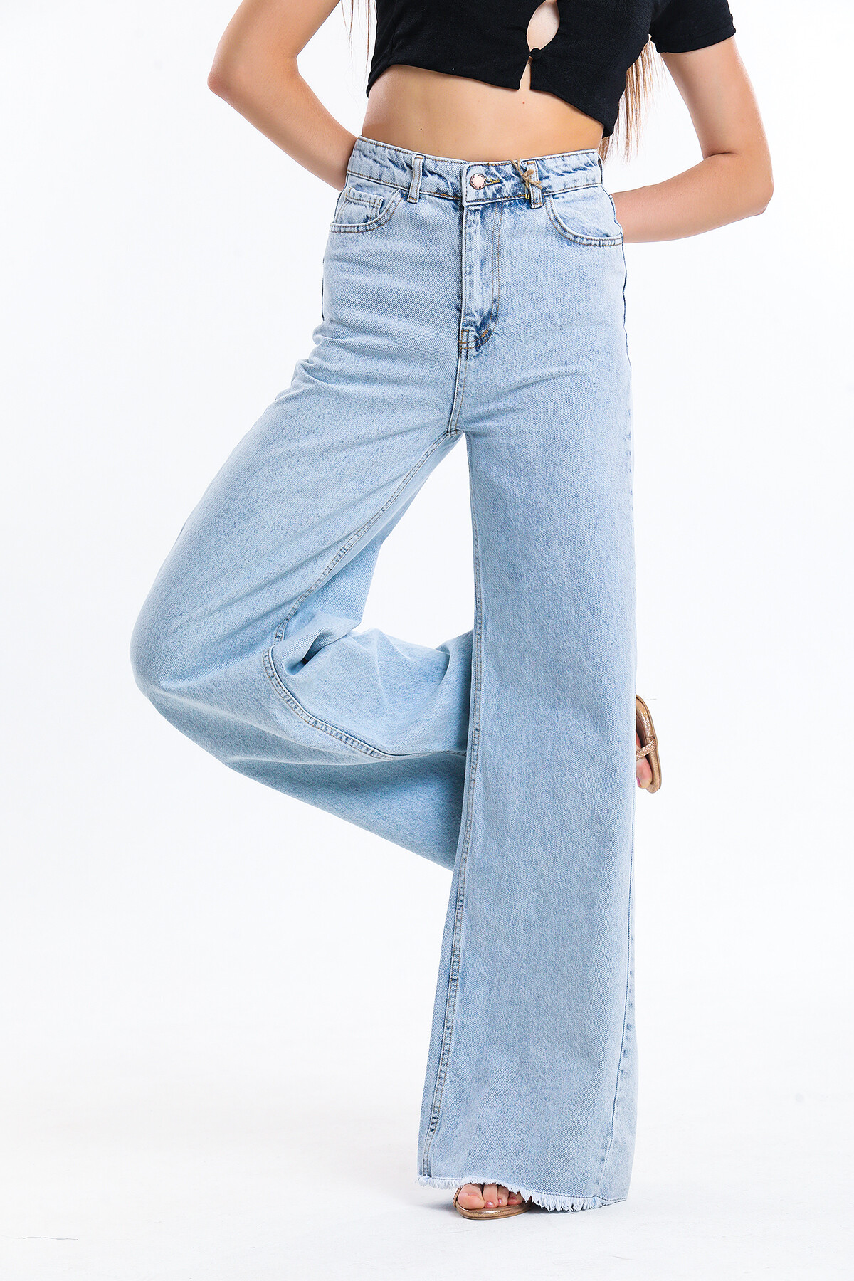 Yüksek Bel Kar Yıkamalı Geniş Paça Palazzo Kot Pantolon