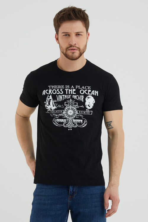 Across The Ocean Baskılı Bisiklet Yaka Slim Fit Tshirt