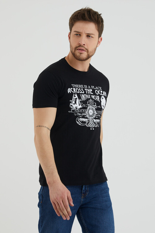 Across The Ocean Baskılı Bisiklet Yaka Slim Fit Tshirt