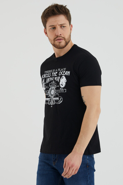 Across The Ocean Baskılı Bisiklet Yaka Slim Fit Tshirt