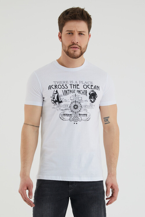 Across The Ocean Baskılı Bisiklet Yaka Slim Fit Tshirt