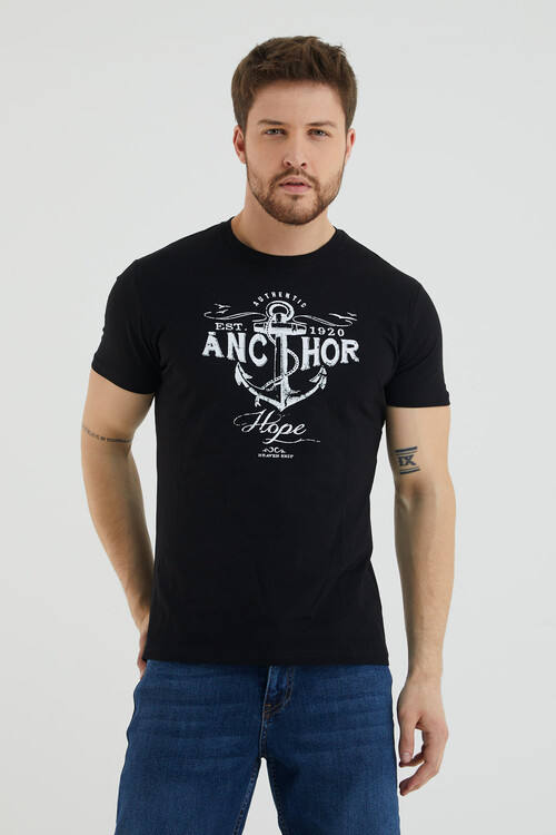 Ancthor Yazı Baskılı Bisiklet Yaka Slim Fit Tshirt