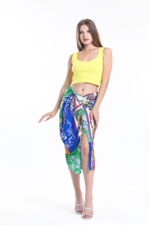 Arkası Fermuarlı Yırtmaçlı Desenli Etek