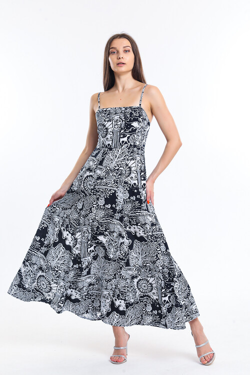 Askılı Sırtı Büzgülü Desenli Elbise