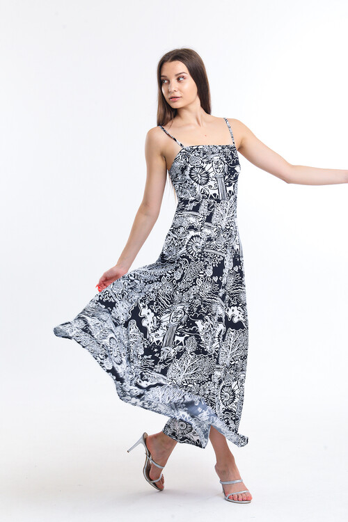 Askılı Sırtı Büzgülü Desenli Elbise