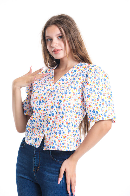 Balon Kol Önü Düğmeli Arkası Büzgülü Çiçek Desenli Bluz
