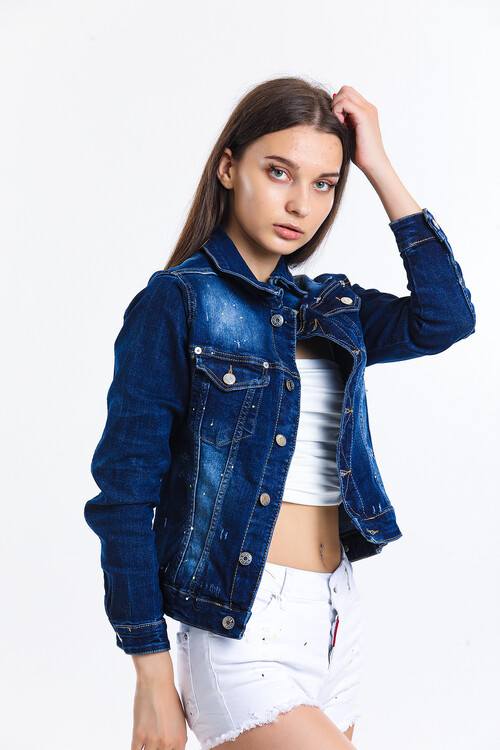 Baskılı Cepli Kot Ceket