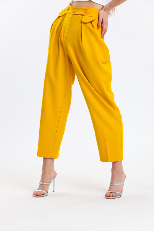 Beli Düğmeli Pensli Havuç Pantolon