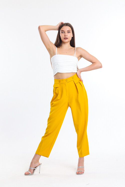 Beli Düğmeli Pensli Havuç Pantolon