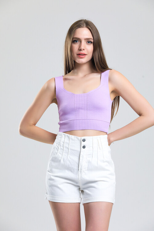 Beli Lastikli Çift Düğmeli Pensli Duble Paça Yüksekbel Kot Şort