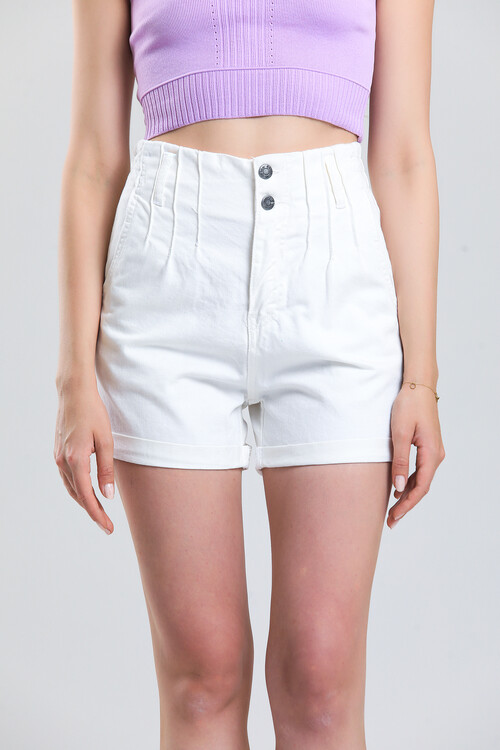 Beli Lastikli Çift Düğmeli Pensli Duble Paça Yüksekbel Kot Şort