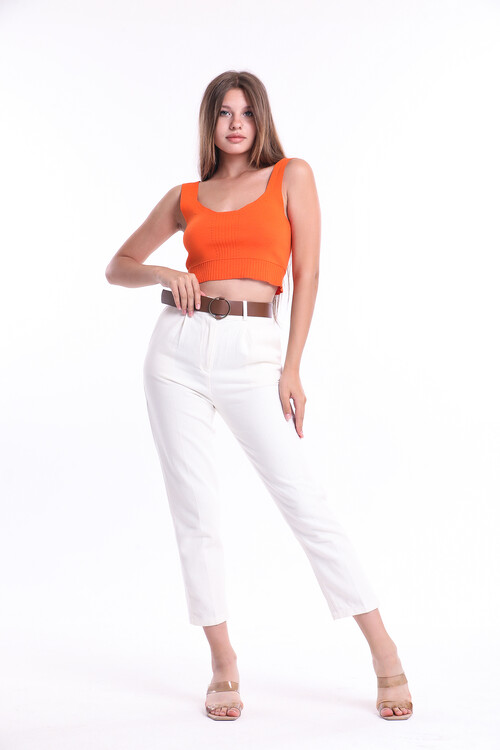 Beli Lastikli Kemerli Cepli Yüksek Bel Pantolon