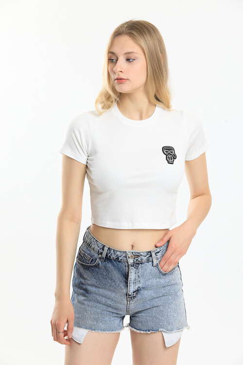 Bisiklet Yaka Armalı Kaşkorseli Crop Bluz