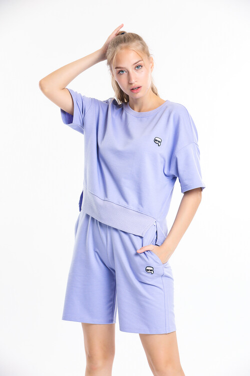 Bisiklet Yaka Eteği Yırtmaçlı Oversize Şort Takım