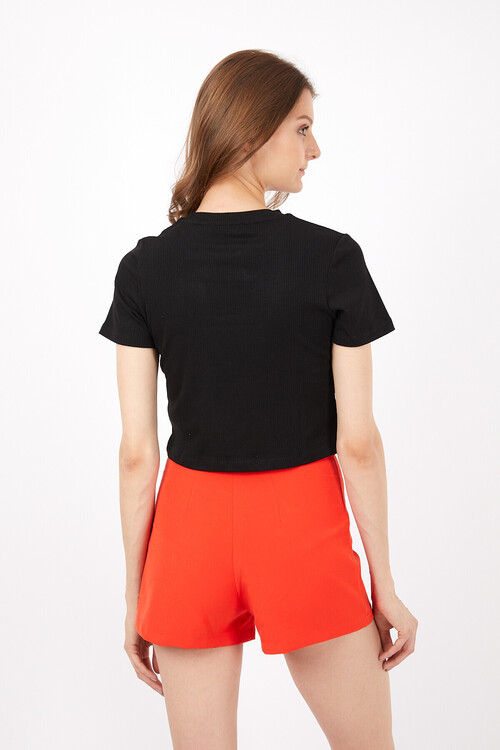 Bisiklet Yaka Kaşkorseli Kısa Kol Crop Bluz