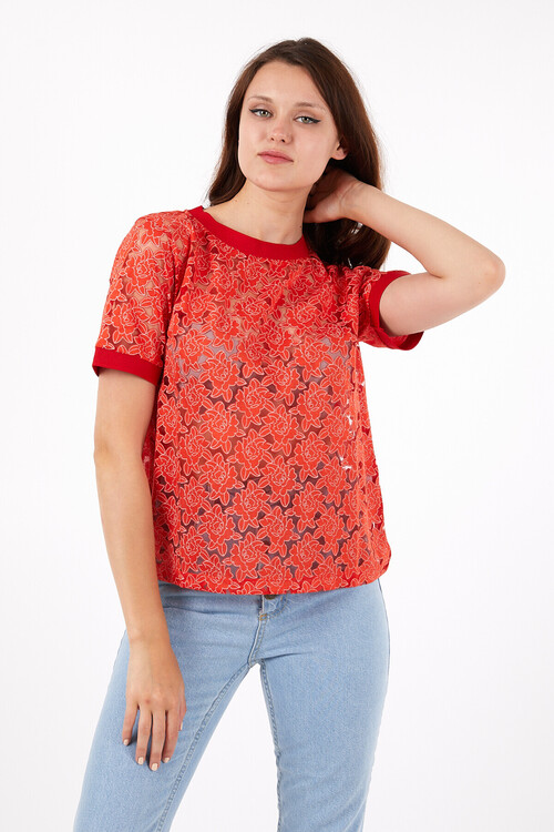 Bisiklet Yaka Kol Bandı Ribanalı Papatya Desenli Tshirt