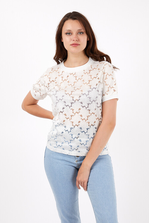 Bisiklet Yaka Kol Bandı Ribanalı Papatya Desenli Tshirt