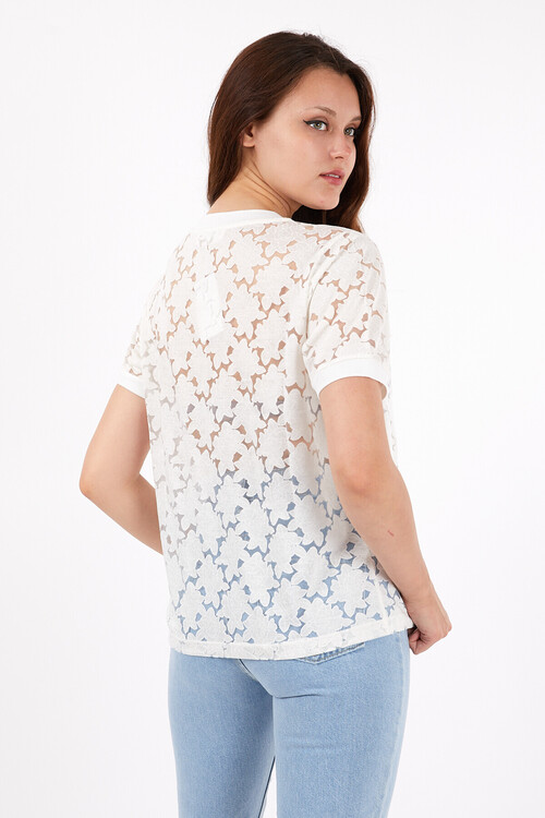 Bisiklet Yaka Kol Bandı Ribanalı Papatya Desenli Tshirt