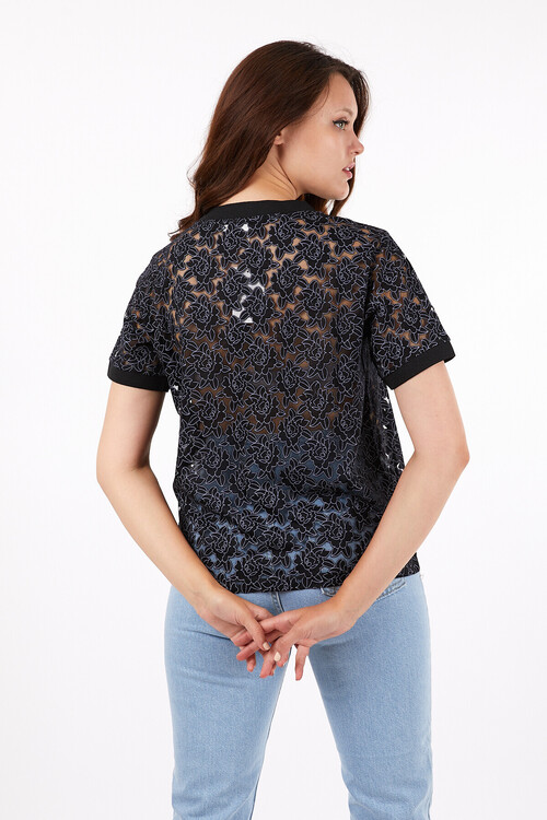 Bisiklet Yaka Kol Bandı Ribanalı Papatya Desenli Tshirt