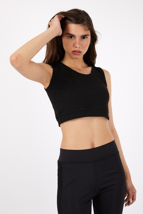 Bisiklet Yaka Kolsuz Kaşkorseli Crop Bluz