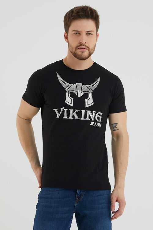 Bisiklet Yaka Viking Baskılı Taş Detaylı Tshirt