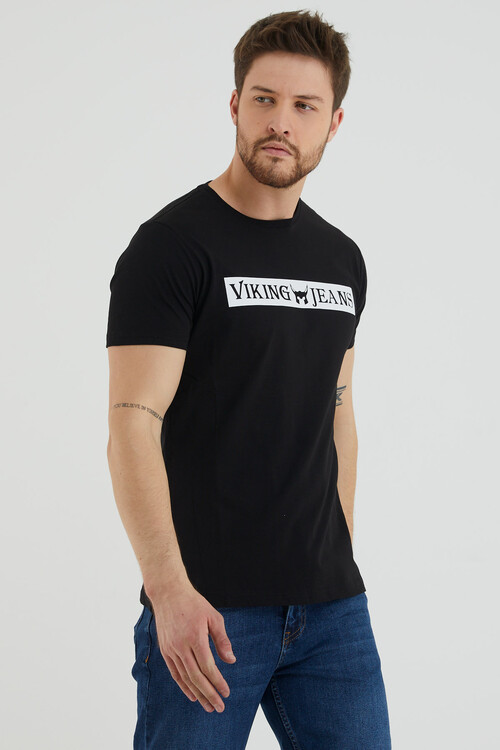 Bisiklet Yaka Viking Jeans Yazı Baskılı Tshirt