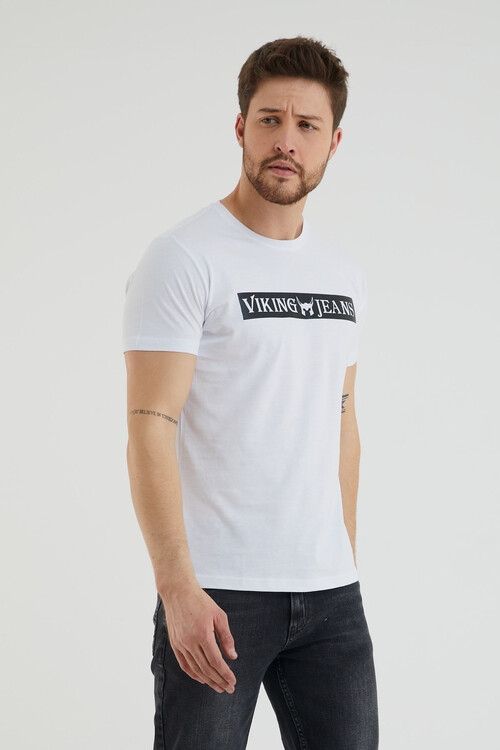 Bisiklet Yaka Viking Jeans Yazı Baskılı Tshirt