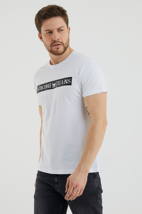 Bisiklet Yaka Viking Jeans Yazı Baskılı Tshirt