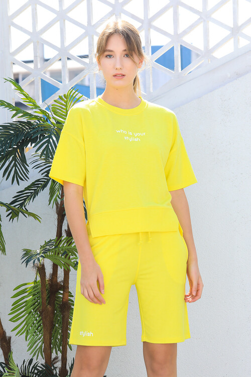 Bisiklet Yaka Yarasa Kol Baskılı Oversize Şort Takım