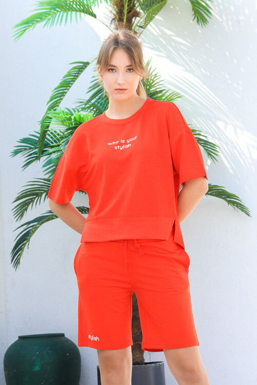 Bisiklet Yaka Yarasa Kol Baskılı Oversize Şort Takım