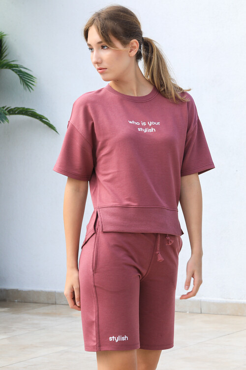 Bisiklet Yaka Yarasa Kol Baskılı Oversize Şort Takım