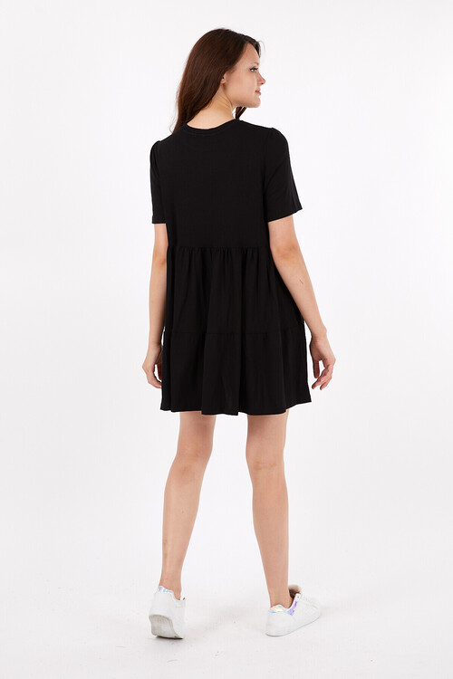 Bisiklet Yaka Yarım Kol Pileli Kısa Elbise