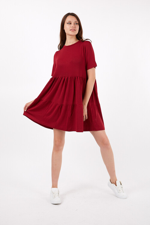 Bisiklet Yaka Yarım Kol Pileli Kısa Elbise