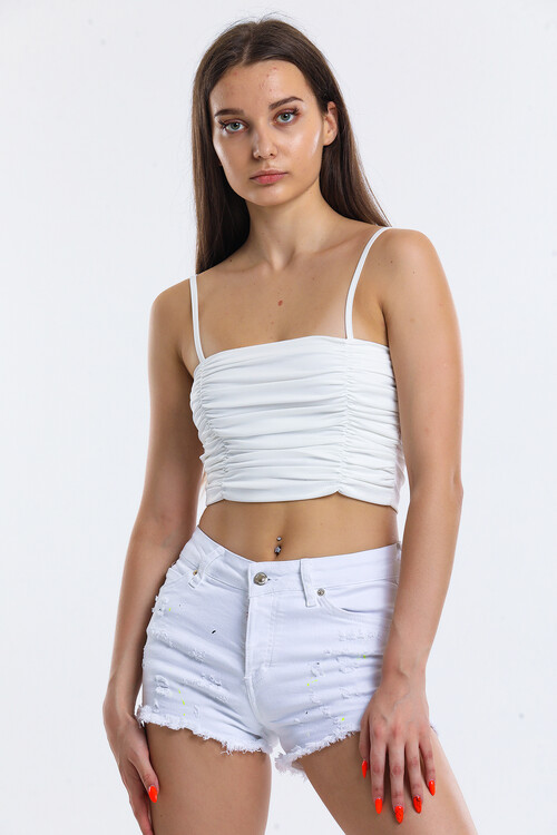 Boya Baskılı Paçası Püsküllü Yüksek Bel Mini Kot Şort