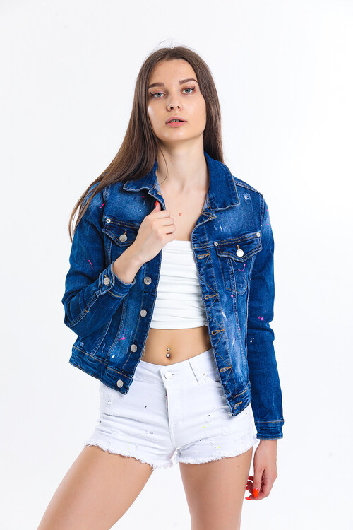 Boya Baskılı Sökük Kot Ceket