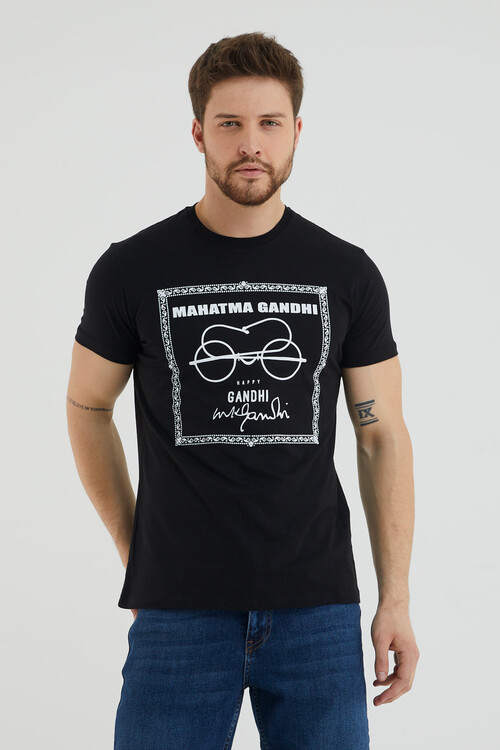 Gözlük Baskılı Bisiklet Yaka Slim Fit Tshirt