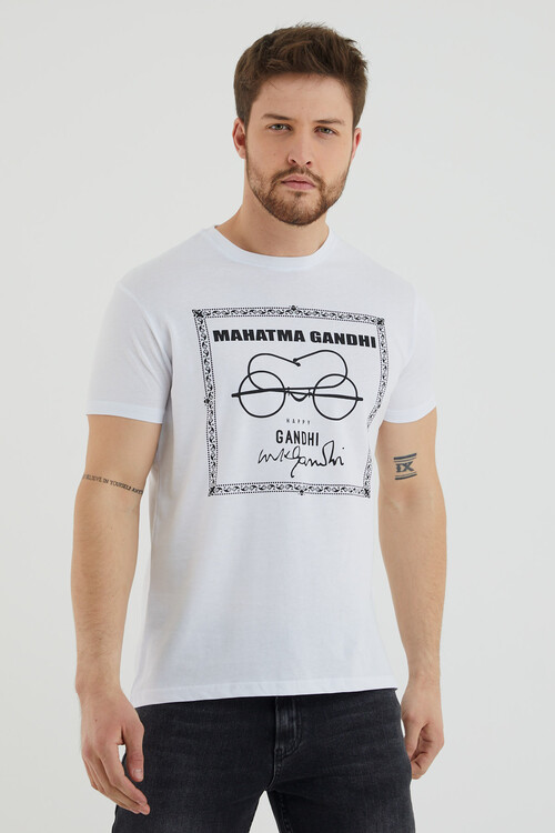 Gözlük Baskılı Bisiklet Yaka Slim Fit Tshirt