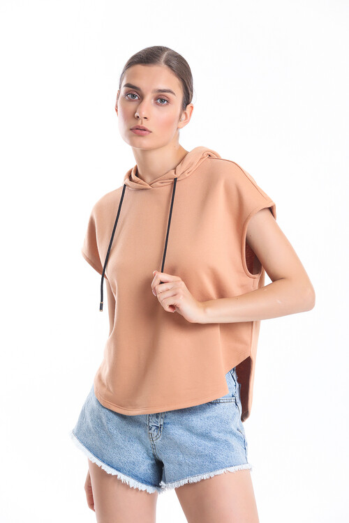 Kapuşonlu Bağcıklı Kolsuz Oversize Tişört