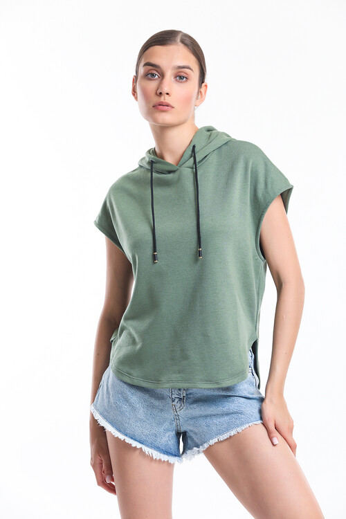 Kapuşonlu Bağcıklı Kolsuz Oversize Tişört