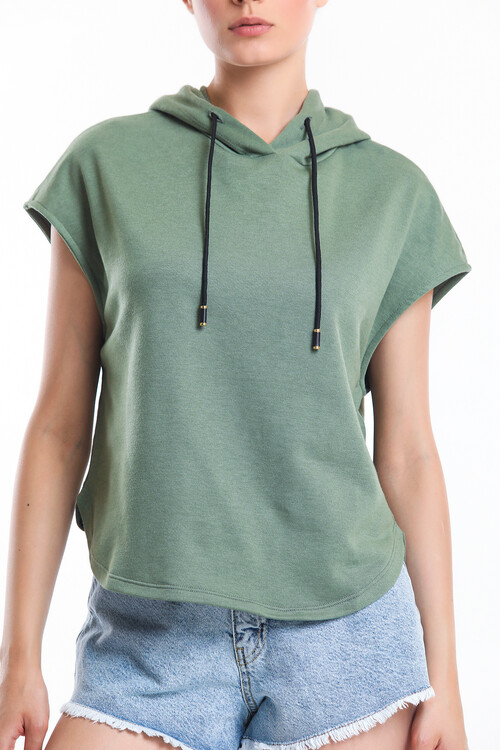 Kapuşonlu Bağcıklı Kolsuz Oversize Tişört