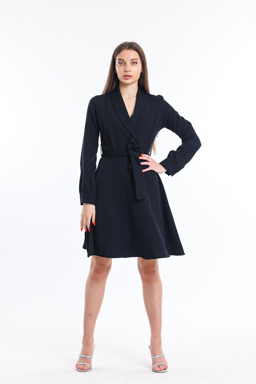 Kruvaze Yaka Yanı Fermuarlı Kuşaklı Uzun Kol Kısa Elbise